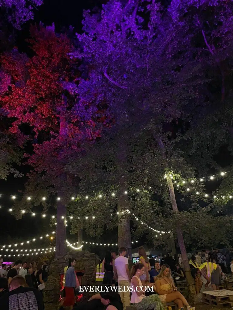 A large group of people sitting around a tree