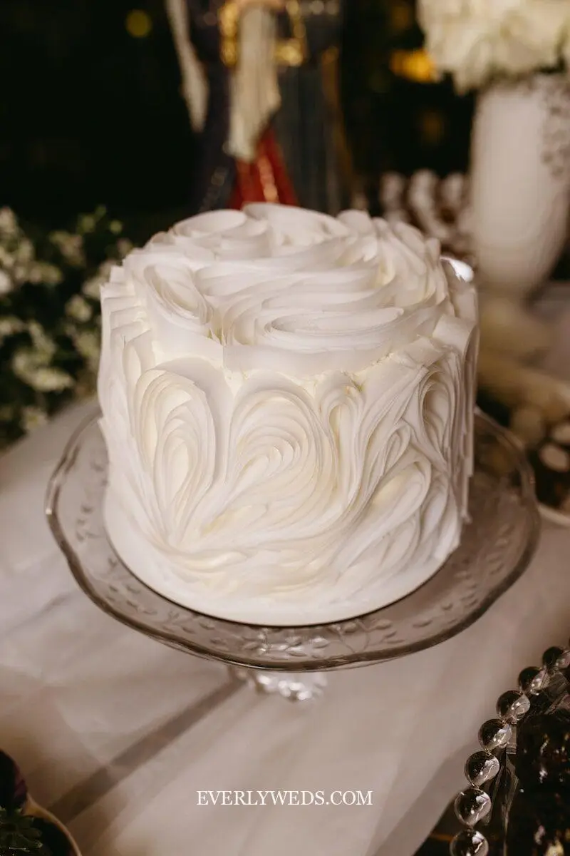 Simple wedding cake no flowers with textured palette knife buttercream and gold monogram topper, simple cute wedding cake idea