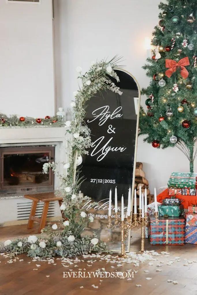 Wedding welcome sign with flowers and christmas decorations