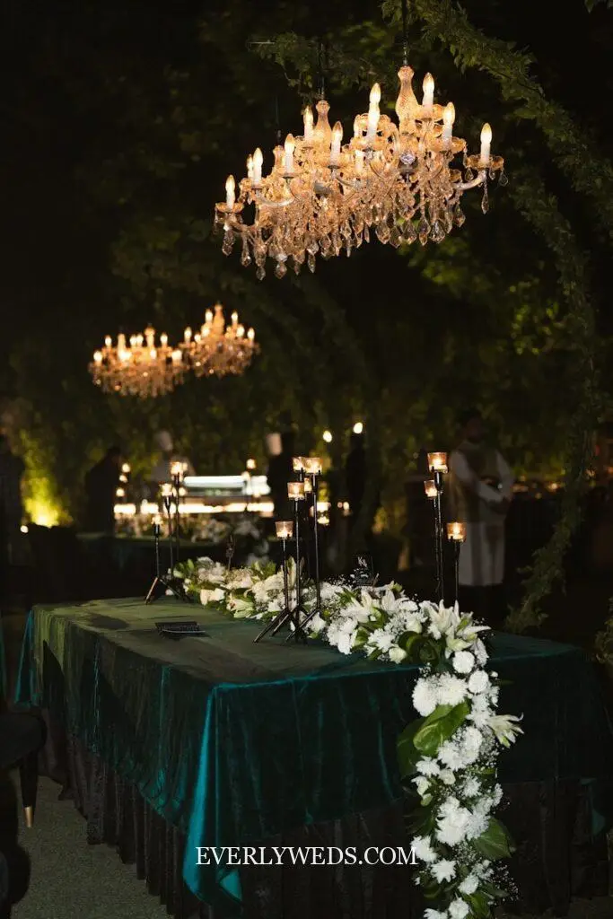 Green wedding theme decor details including sage green taper candles on reception tables, green glass goblets, eucalyptus seating chart display, and neon wedding sign with greenery wall backdrop