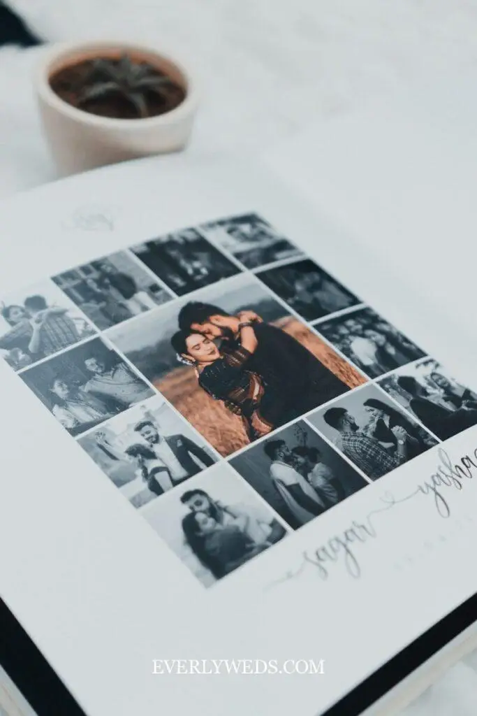 Photo collage save the date featuring romantic couple portraits and memories - creative save the date ideas for weddings