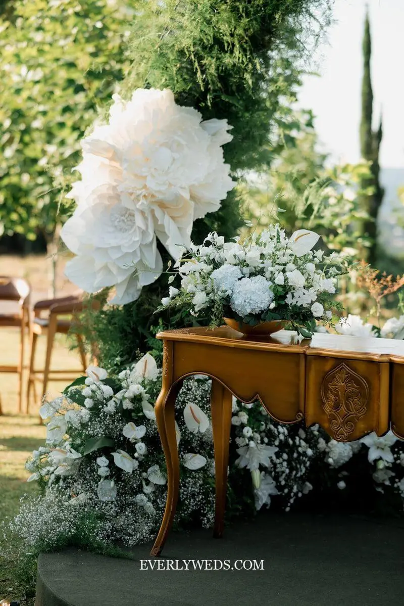 fresh eucalyptus and greenery wedding venue table decorations with white flowers, sage green outdoor wedding theme decor simple