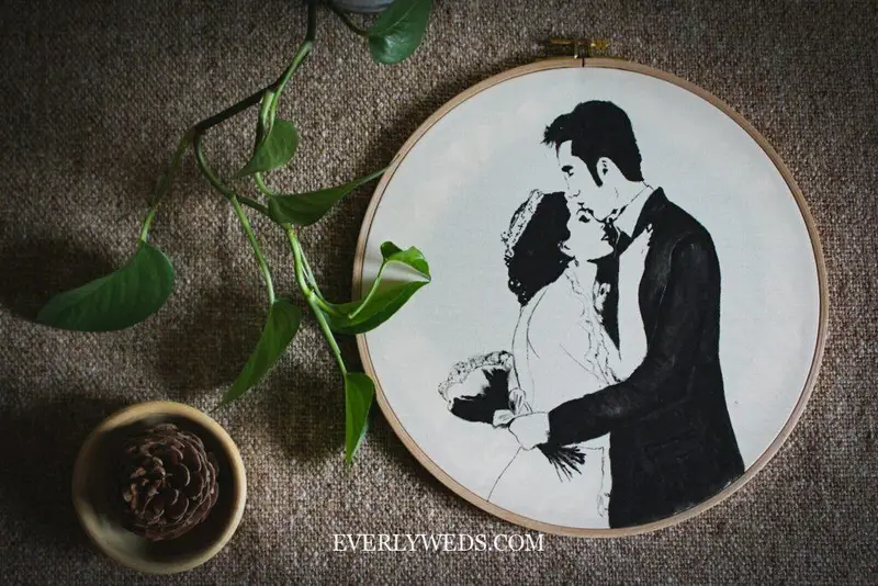 Custom embroidered save the date with romantic couple portrait in hoop frame