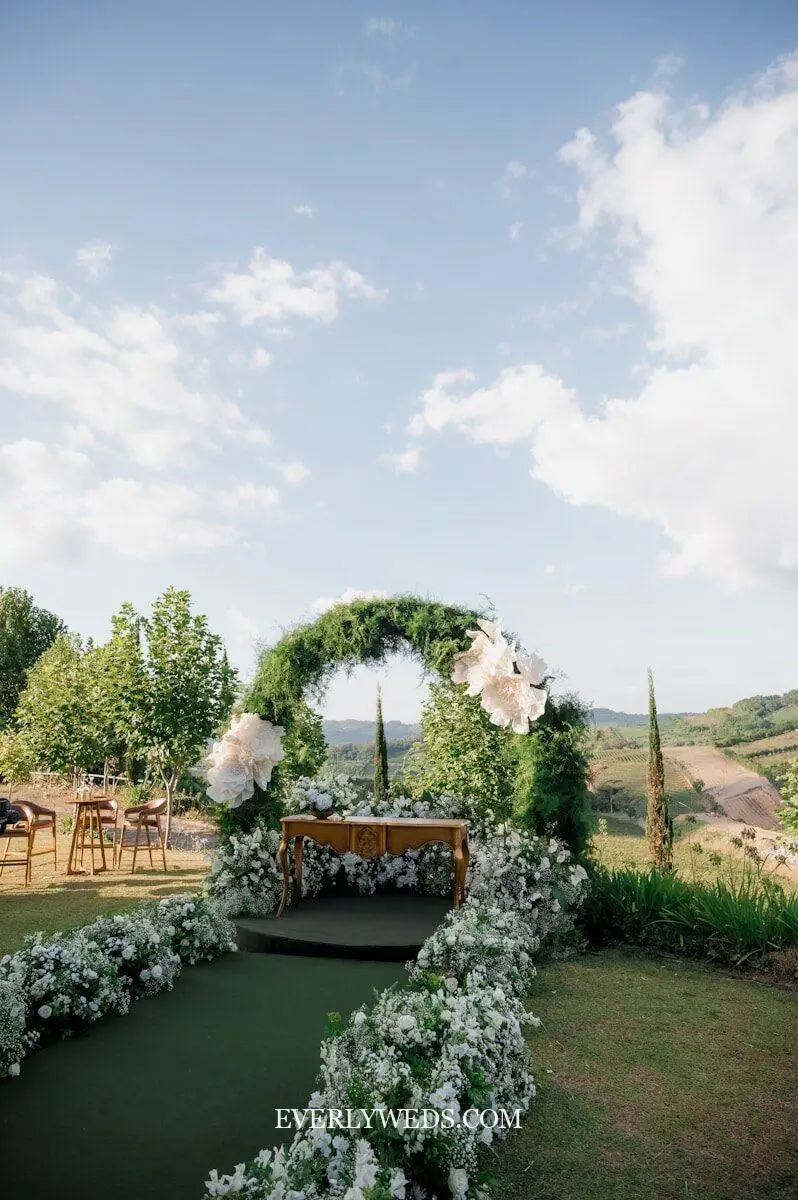 garden theme wedding ceremony backdrop with lush floral arch and greenery for outdoor wedding garden ideas