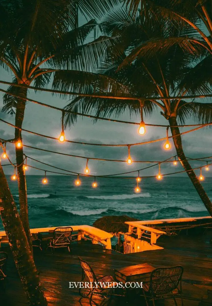 Palm trees and string lights overlook ocean at dusk
