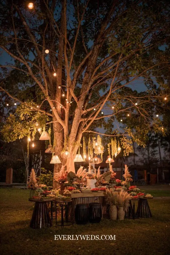 a table is set up under a tree with lights