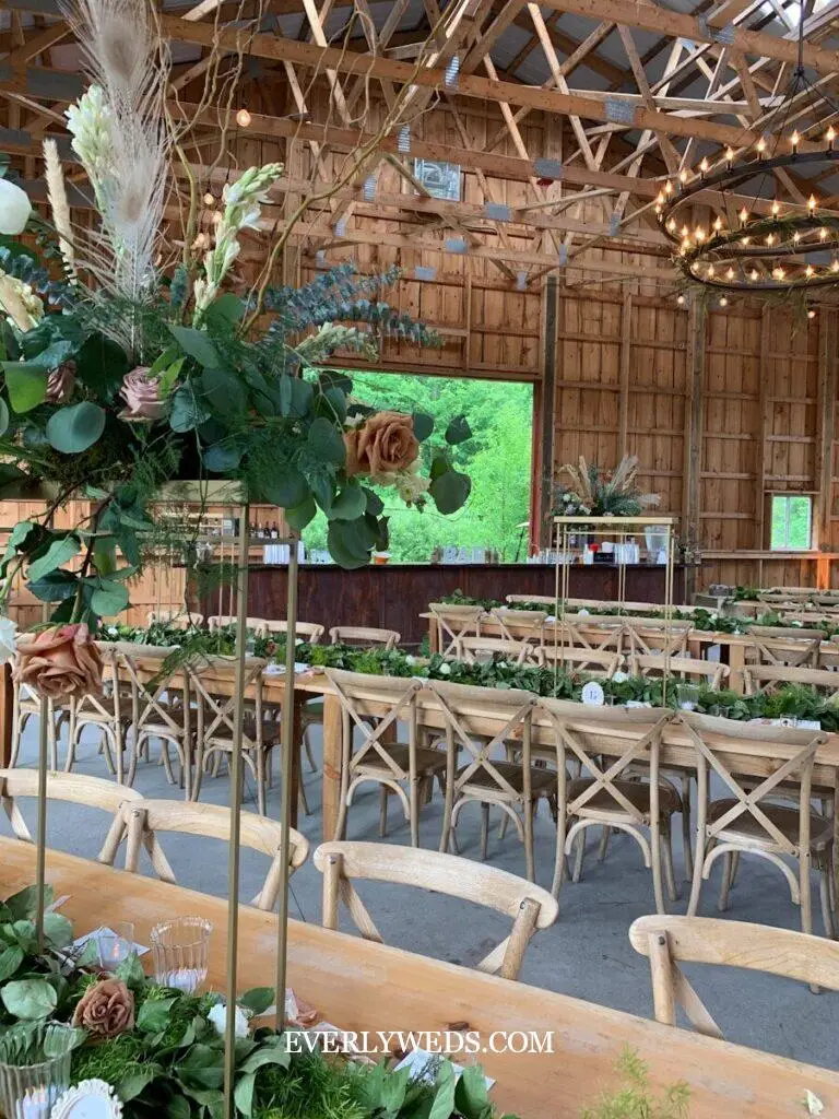 Forest green wedding theme venue ideas including barn wedding with greenery decorations, botanical garden wedding ceremony, and vineyard outdoor wedding reception in fall