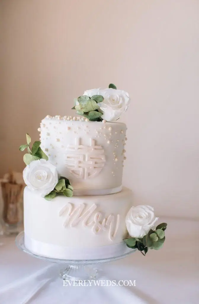 a white wedding cake with flowers on top