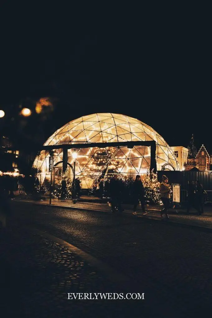 Dome wedding modern venue idea with clear ceiling geodesic structure at night surrounded by trees and fairy lights inside