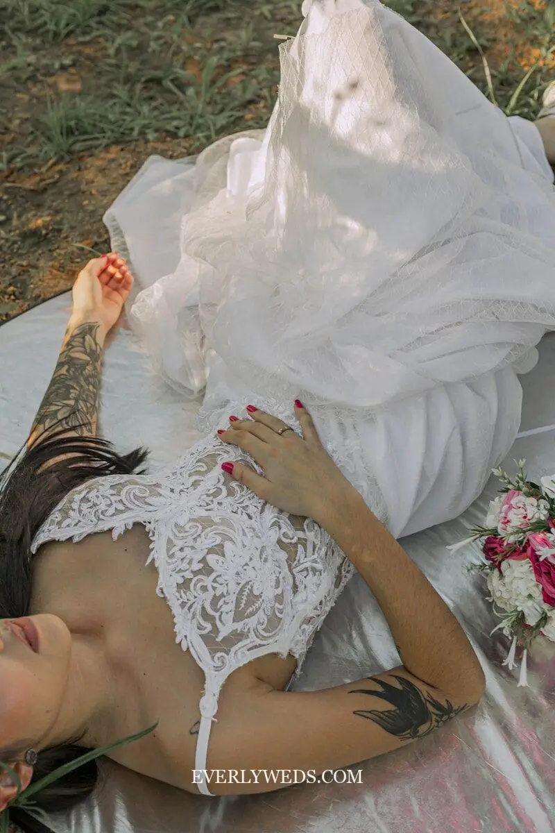 garden theme wedding dress with lace floral applique detail boho bride outdoor garden backyard wedding