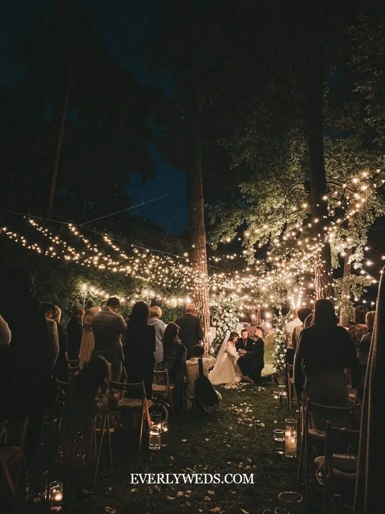 outdoor wedding entrance path with overhead twinkle lights string lights romantic wedding venue entrance walkway decor