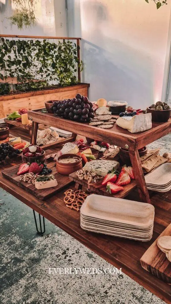 a wooden table topped with lots of food
