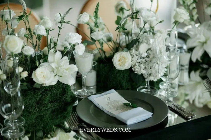 green wedding theme color scheme ideas including sage green and dusty rose, emerald green and gold, and forest green with white flower arrangements
